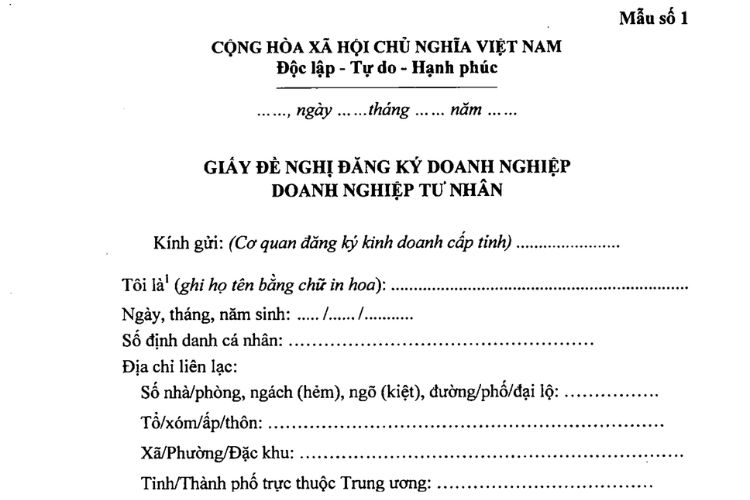 Giấy đề nghị đăng ký doanh nghiệp Doanh nghiệp tư nhân