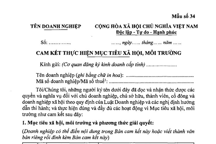 Mẫu số 34 | Cam kết thực hiện mục tiêu xã hội, môi trường 2 Mẫu Giấy đề nghị dừng thực hiện thủ tục đăng ký doanh nghiệp