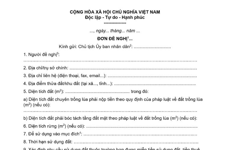 Mẫu Đơn đề nghị cho phép chuyển mục đích sử dụng đất