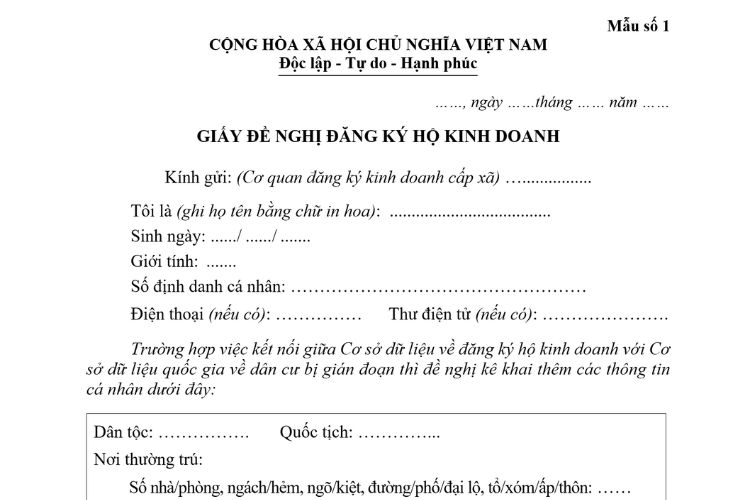 Mẫu Giấy đề nghị đăng ký hộ kinh doanh mới nhất
