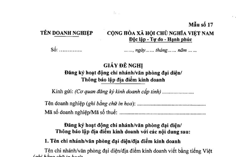 Giấy đề nghị đăng ký hoạt động văn phòng đại diện