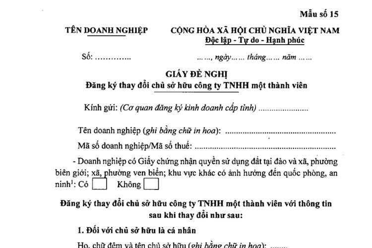 Giấy đề nghị đăng ký thay đổi chủ sở hữu công ty TNHH một thành viên