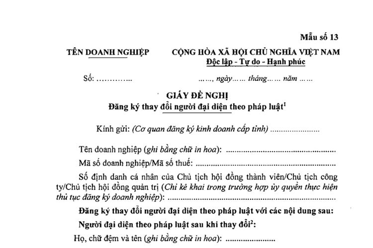 Giấy đề nghị đăng ký thay đổi người đại diện theo pháp luật (Mẫu số 13) 2 Giấy đề nghị đăng ký thay đổi người đại diện theo pháp luật