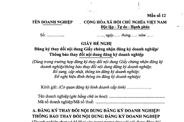 Giấy đề nghị thông báo thay đổi nội dung đăng ký doanh nghiệp (Mẫu số 12) 2 Giấy đề nghị thông báo thay đổi nội dung đăng ký doanh nghiệp