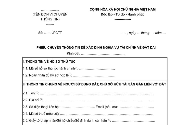 Mẫu Phiếu chuyển thông tin để xác định nghĩa vụ tài chính về đất đai 2 Mẫu Phiếu chuyển thông tin để xác định nghĩa vụ tài chính về đất đai
