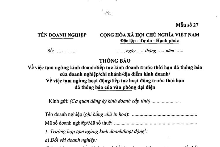 Mẫu Thông báo về việc tạm ngừng kinh doanh