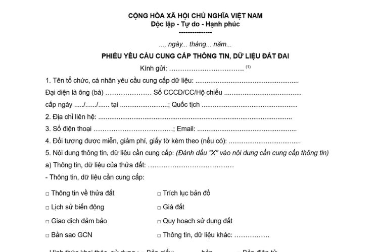 Phiếu yêu cầu cung cấp thông tin, dữ liệu đất đai