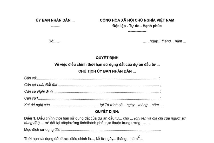 Quyết định điều chỉnh thời hạn sử dụng đất của dự án đầu tư 2 Quyết định điều chỉnh thời hạn sử dụng đất của dự án đầu tư