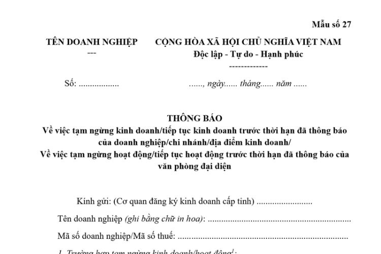 Mẫu Thông báo về việc tạm ngừng kinh doanh (Mẫu số 27) 2 Mẫu Thông báo về việc tạm ngừng kinh doanh (Mẫu số 27)