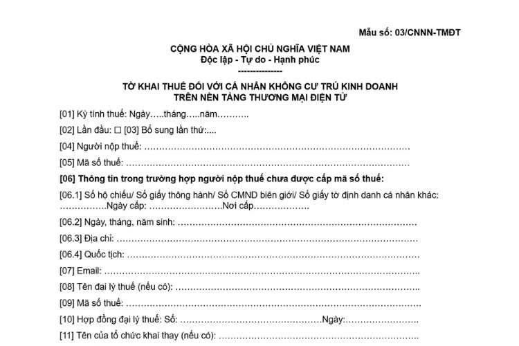 Tờ khai thuế đối với cá nhân không cư trú kinh doanh trên nền tảng thương mại điện tử (Mẫu số 03/CNNN-TMĐT)