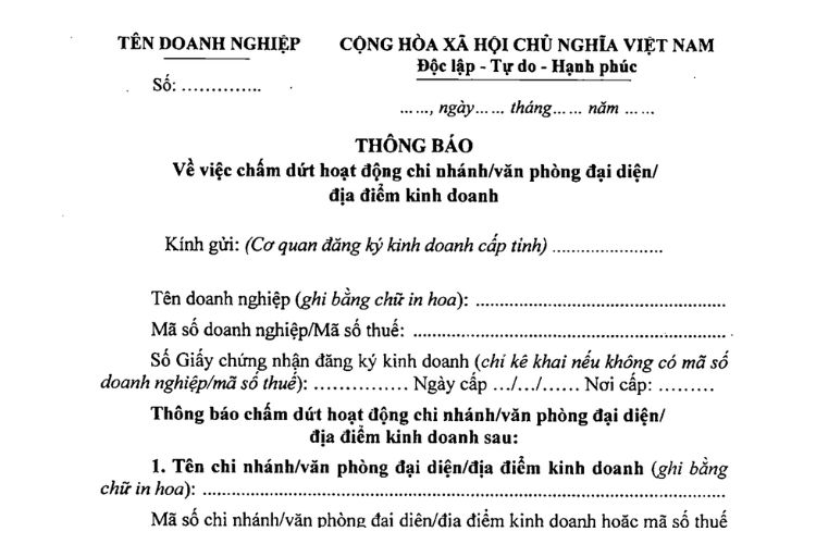 Thông báo về việc chấm dứt hoạt động văn phòng đại diện (Mẫu số 28) 2 Thông báo về việc chấm dứt hoạt động văn phòng đại diện (Mẫu số 28)