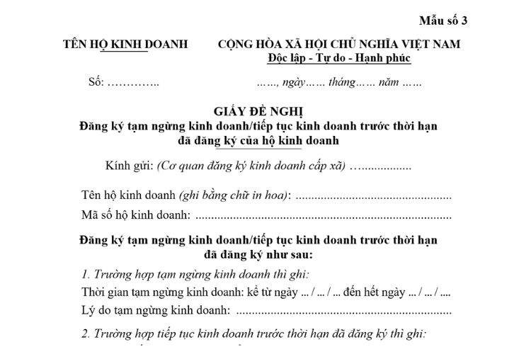 Giấy đề nghị đăng ký tiếp tục kinh doanh trước thời hạn đã thông báo cho hộ kinh doanh (Mẫu số 3)