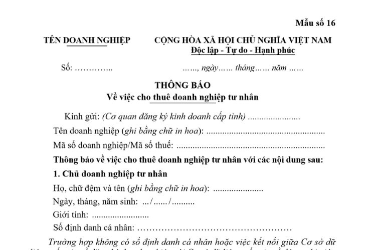 Mẫu Thông báo về việc cho thuê doanh nghiệp tư nhân 2 Mẫu Thông báo về việc cho thuê doanh nghiệp tư nhân