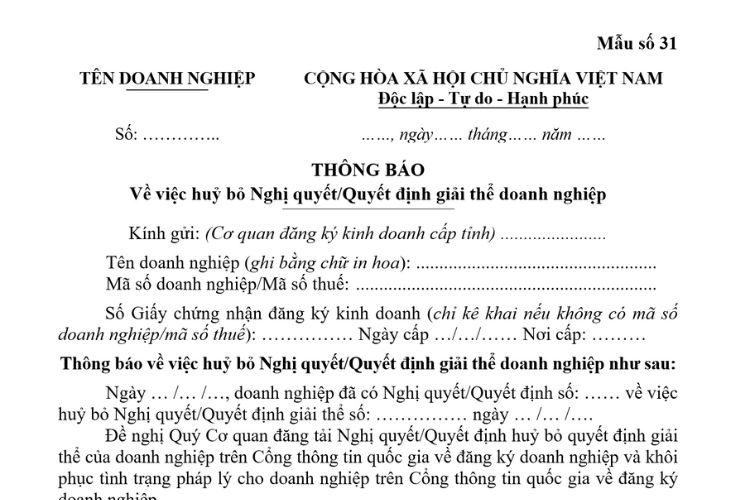 Mẫu Thông báo Về việc huỷ bỏ Nghị Quyết/Quyết định giải thể doanh nghiệp