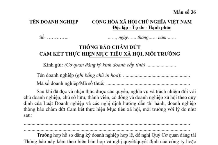 Thông báo chấm dứt cam kết thực hiện mục tiêu xã hội, môi trường 2 Thông báo chấm dứt cam kết thực hiện mục tiêu xã hội, môi trường