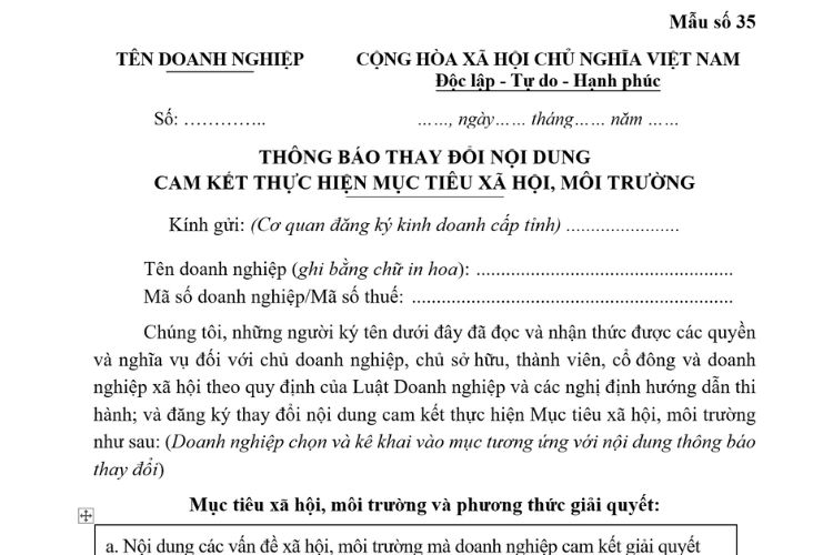 Thông báo thay đổi nội dung cam kết thực hiện mục tiêu xã hội, môi trường