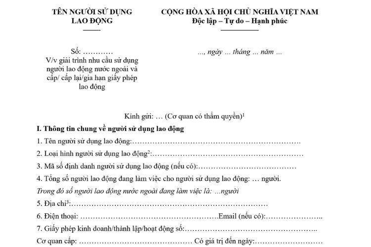Văn bản báo cáo giải trình nhu cầu sử dụng lao động nước ngoài và đề nghị cấp giấy phép lao động