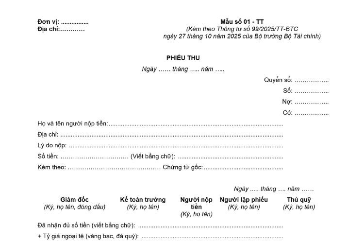 Mẫu Phiếu thu theo Thông tư 99/2025/TT-BTC