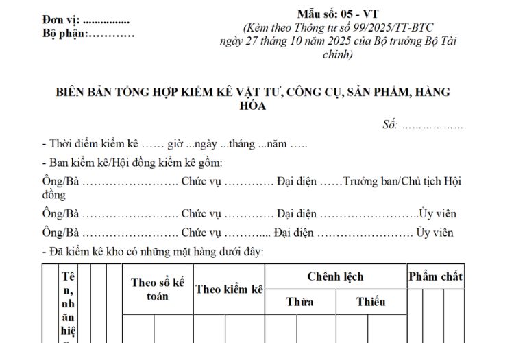 Biên bản tổng hợp kiểm kê vật tư, công cụ, sản phẩm, hàng hóa theo Thông tư 99 2 Biên bản tổng hợp kiểm kê vật tư, công cụ, sản phẩm, hàng hóa theo Thông tư 99