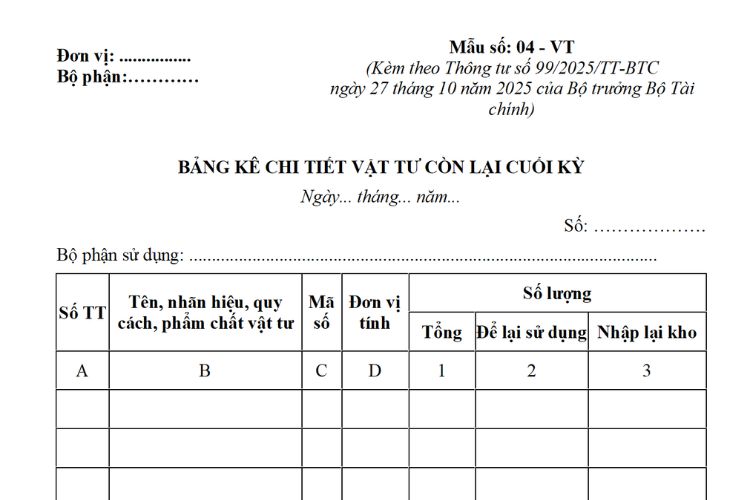 Bảng kê chi tiết vật tư còn lại cuối kỳ theo Thông tư 99 2 bang ke chi tiet vat tu con lai cuoi ky theo thong tu 99