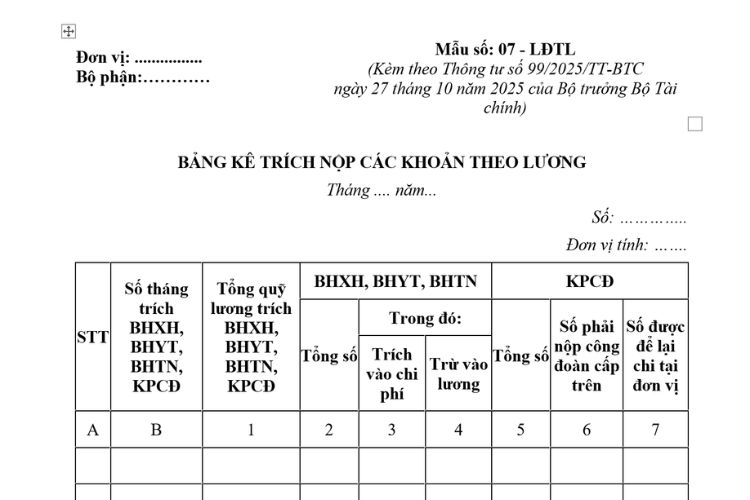 Bảng kê trích nộp các khoản theo lương theo Thông tư 99 2 Bảng kê trích nộp các khoản theo lương theo Thông tư 99