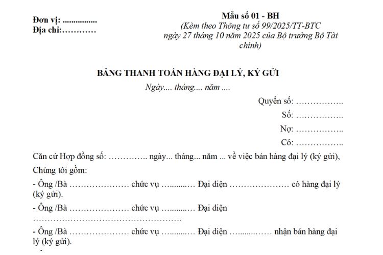 Bảng thanh toán hàng đại lý, ký gửi theo Thông tư 99 2 Bảng thanh toán hàng đại lý, ký gửi theo Thông tư 99