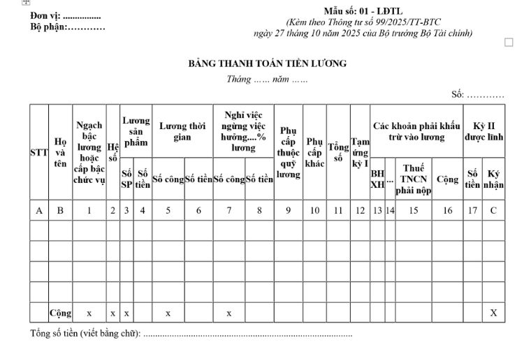 Bảng thanh toán tiền lương (Mẫu số 01 - LĐTL) theo Thông tư 99 2 Bảng thanh toán tiền lương (Mẫu số 01 - LĐTL) theo Thông tư 99