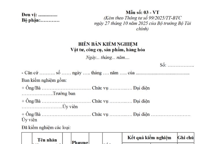 Biên bản kiểm nghiệm vật tư, công cụ, sản phẩm, hàng hóa theo Thông tư 99 2 Biên bản kiểm nghiệm vật tư, công cụ, sản phẩm, hàng hóa theo Thông tư 99
