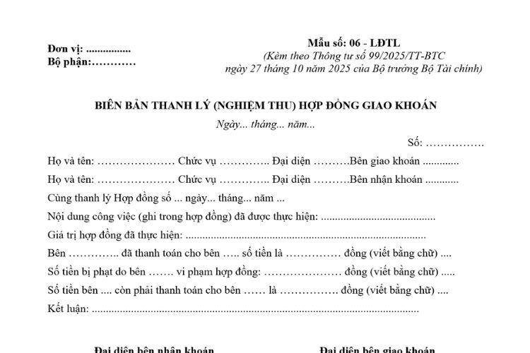Biên bản thanh lý (nghiệm thu) hợp đồng giao khoán theo Thông tư 99