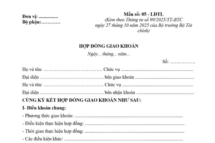 Mẫu Hợp đồng giao khoán theo Thông tư 99 (Mẫu số: 05 - LĐTL)