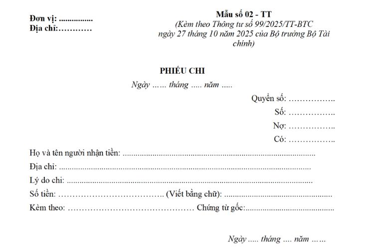 Mẫu Phiếu chi theo Thông tư 99/2025/TT-BTC