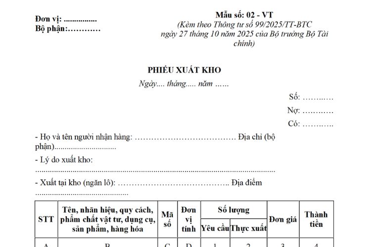 Phiếu xuất kho theo Thông tư 99 (Mẫu số 02 - VT) 2 Phiếu xuất kho theo Thông tư 99 (Mẫu số 02 - VT)