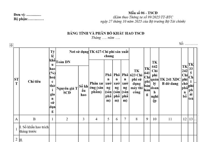 Bảng tính và phân bổ khấu hao TSCĐ (Mẫu số 06 - TSCĐ) 2 Bảng tính và phân bổ khấu hao TSCĐ (Mẫu số 06 - TSCĐ)