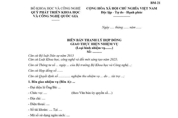Biên bản thanh lý hợp đồng giao nhiệm vụ khoa học, công nghệ