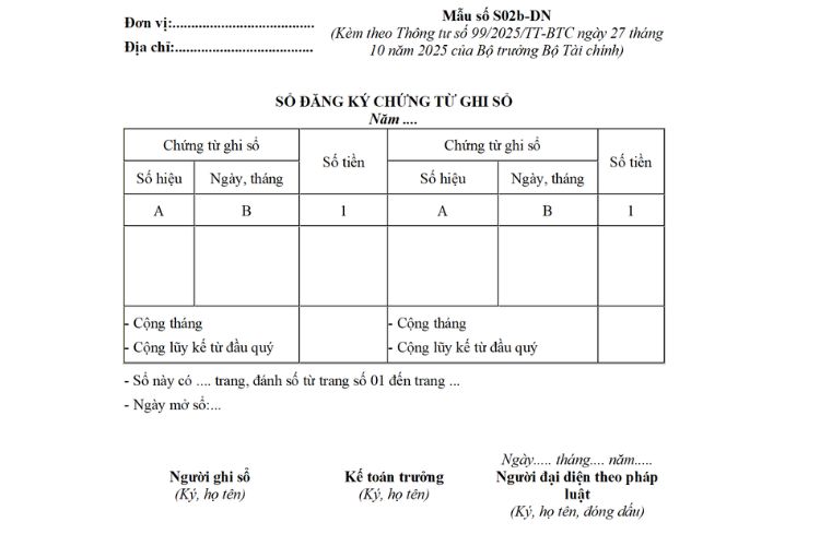 Mẫu Sổ Đăng ký Chứng từ ghi sổ (Mẫu số S02b-DN) theo Thông tư 99 2 Mẫu Sổ Đăng ký Chứng từ ghi sổ (Mẫu số S02b-DN) theo Thông tư 99