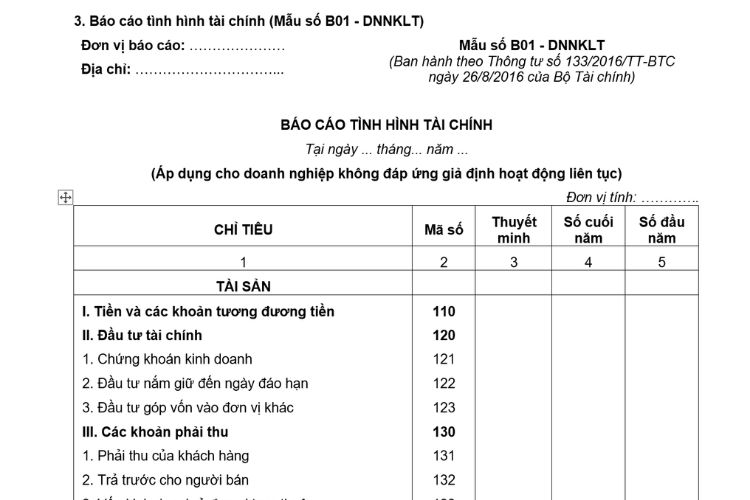 Báo cáo tình hình tài chính (Mẫu số B01 - DNNKLT) theo Thông tư 133