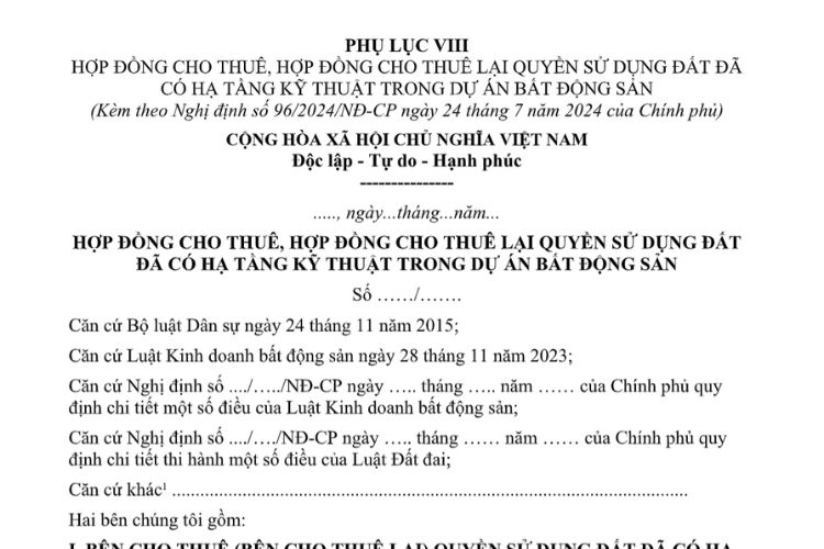 Mẫu Hợp đồng cho thuê, hợp đồng cho thuê lại quyền sử dụng đất đã có hạ tầng kỹ thuật trong dự án bất động sản