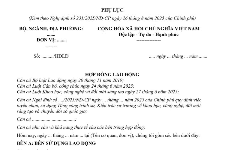 Mẫu Hợp đồng lao động (trong tuyển chọn, sử dụng tổng công trình sư, kiến trúc sư trưởng về khoa học, công nghệ, đổi mới sáng tạo và chuyển đổi số quốc gia) 2 Mẫu Hợp đồng lao động (trong tuyển chọn, sử dụng tổng công trình sư, kiến trúc sư trưởng về khoa học, công nghệ, đổi mới sáng tạo và chuyển đổi số quốc gia)