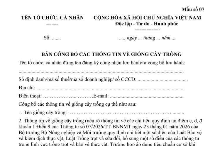 Mẫu Bản công bố các thông tin về giống cây trồng