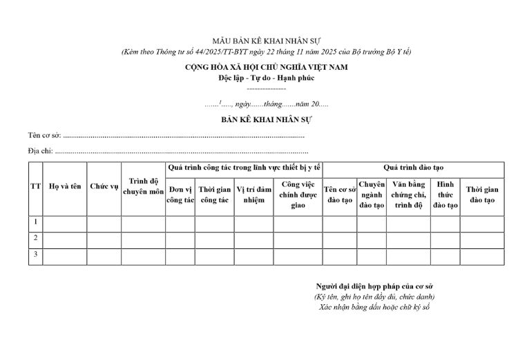 Mẫu Bản kê khai nhân sự (trong hoạt động quản lý thiết bị y tế) 2 Mẫu Bản kê khai nhân sự (trong hoạt động quản lý thiết bị y tế)