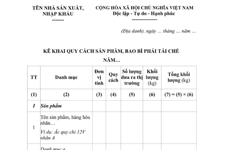 Mẫu Bản kê khai quy cách sản phẩm, bao bì phải tái chế