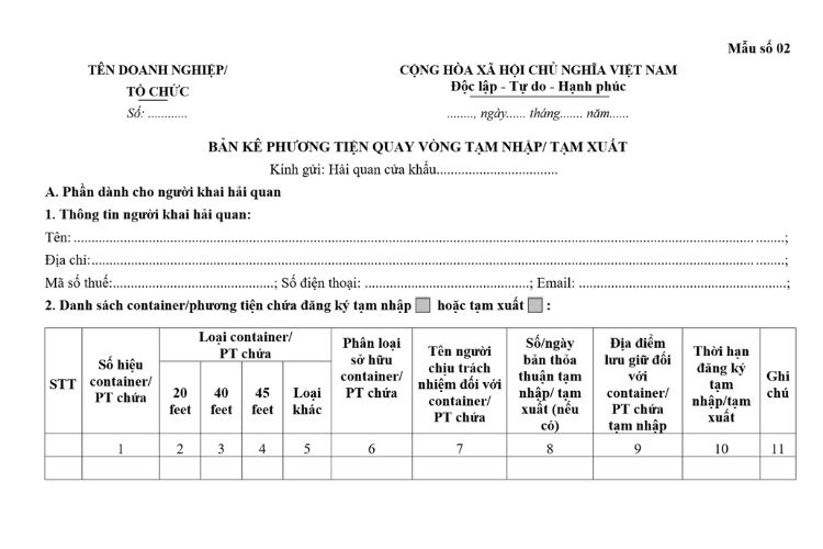 Mẫu Bản kê phương tiện quay vòng tạm nhập/tạm xuất 2 Mẫu Bản kê phương tiện quay vòng tạm nhập/tạm xuất