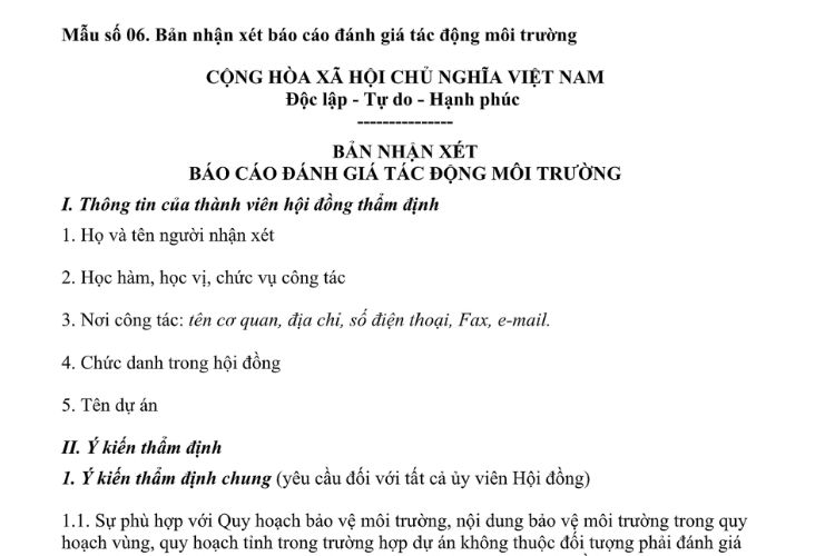 Mẫu Bản nhận xét báo cáo đánh giá tác động môi trường