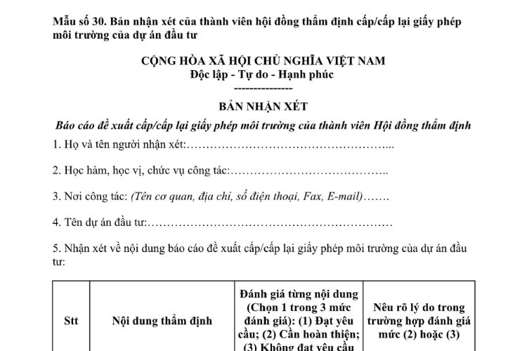 Mẫu Bản nhận xét của thành viên hội đồng thẩm định cấp, cấp lại giấy phép môi trường của dự án đầu tư
