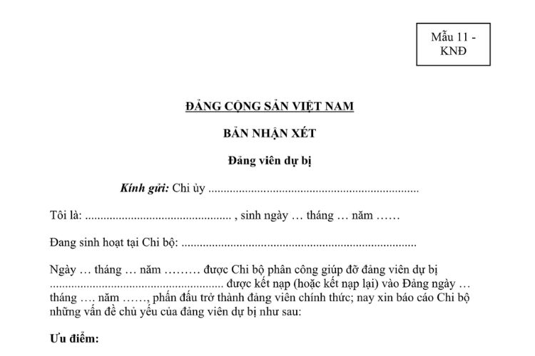 Mẫu Bản nhận xét Đảng viên dự bị (đối với học sinh, sinh viên)