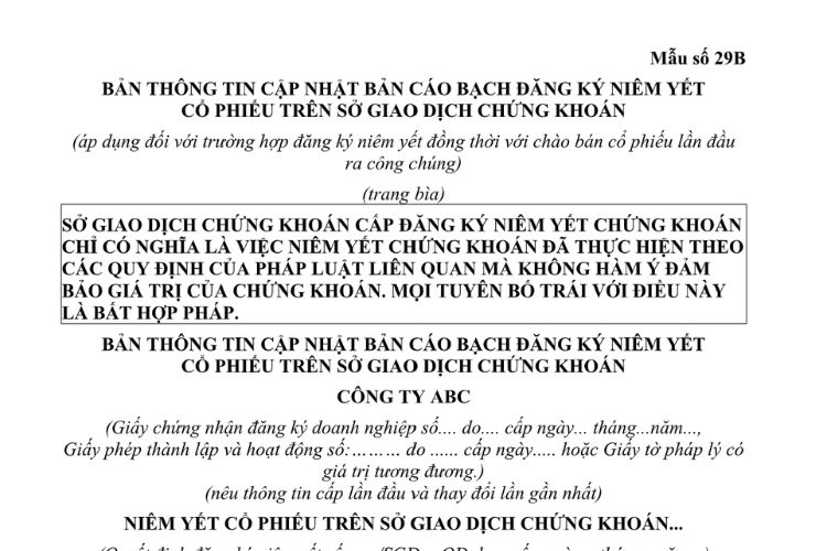 Mẫu Bản thông tin cập nhật bản cáo bạch đăng ký niêm yết cổ phiếu trên sở giao dịch chứng khoán (áp dụng đối với trường hợp đăng ký niêm yết đồng thời với chào bán cổ phiếu lần đầu ra công chúng)