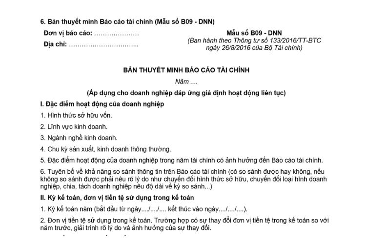 Mẫu Bản thuyết minh Báo cáo tài chính (Mẫu số B09 - DNNKLT) theo Thông tư 133