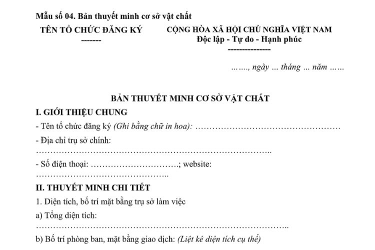 Mẫu Bản thuyết minh cơ sở vật chất (trong hồ sơ cấp giấy phép cung cấp dịch vụ tổ chức thị trường giao dịch tài sản mã hóa) 2 Mẫu Bản thuyết minh cơ sở vật chất (trong hồ sơ cấp giấy phép cung cấp dịch vụ tổ chức thị trường giao dịch tài sản mã hóa)