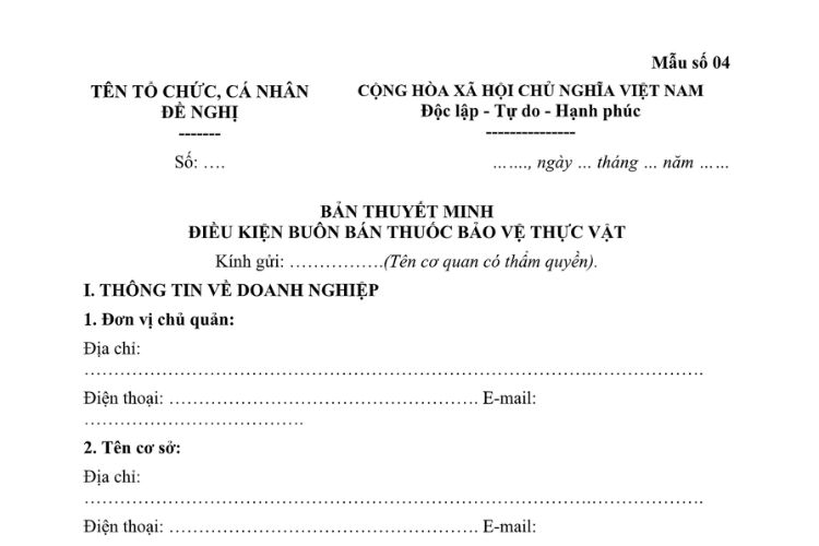Mẫu Bản thuyết minh điều kiện buôn bán thuốc bảo vệ thực vật