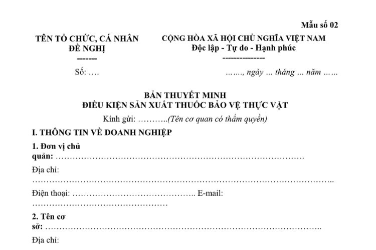 Mẫu Bản thuyết minh điều kiện sản xuất thuốc bảo vệ thực vật 2 Mẫu Bản thuyết minh điều kiện sản xuất thuốc bảo vệ thực vật